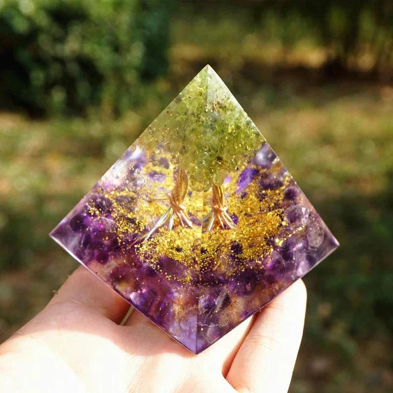 Premium Reiki Healing Crystal Pyramid - Handcrafted with Amethyst and Tiger's Eye, Infused with Orgone Technology for Radiation Protection and Chakra Alignment