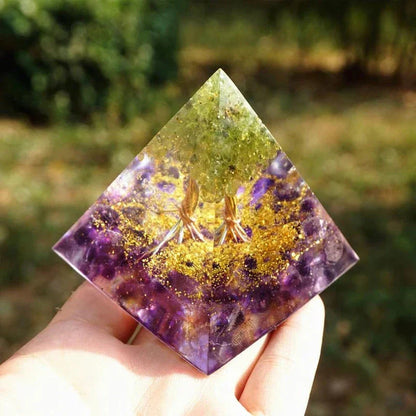 Premium Reiki Healing Crystal Pyramid - Handcrafted with Amethyst and Tiger's Eye, Infused with Orgone Technology for Radiation Protection and Chakra Alignment