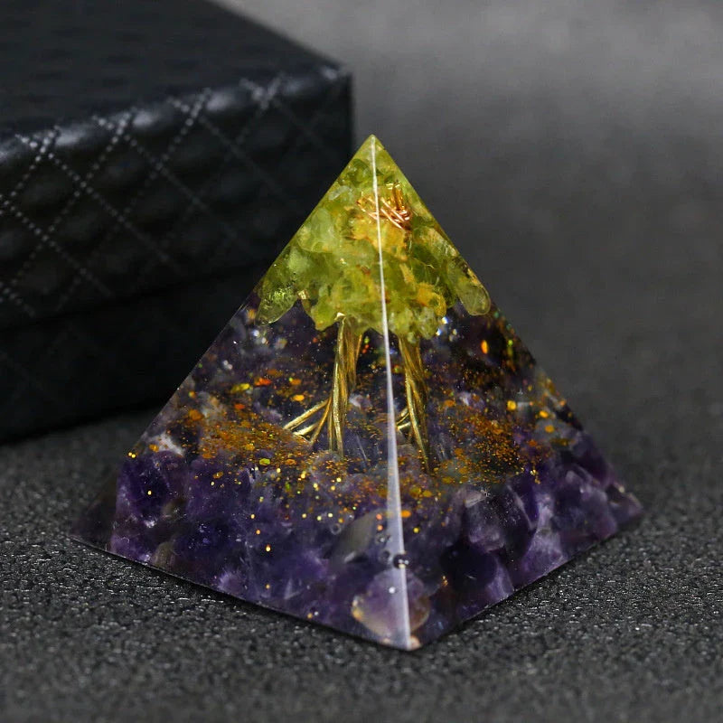 Premium Reiki Healing Crystal Pyramid - Handcrafted with Amethyst and Tiger's Eye, Infused with Orgone Technology for Radiation Protection and Chakra Alignment