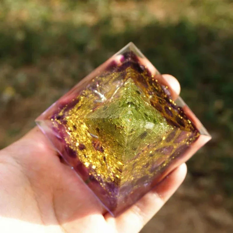 Premium Reiki Healing Crystal Pyramid - Handcrafted with Amethyst and Tiger's Eye, Infused with Orgone Technology for Radiation Protection and Chakra Alignment