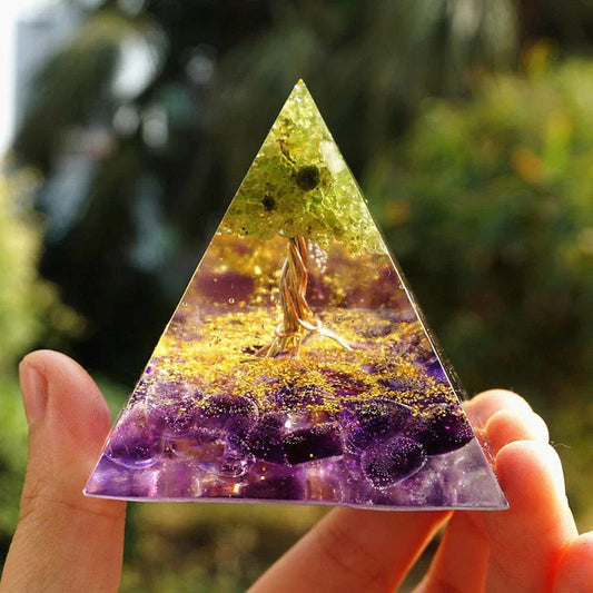 Premium Reiki Healing Crystal Pyramid - Handcrafted with Amethyst and Tiger's Eye, Infused with Orgone Technology for Radiation Protection and Chakra Alignment