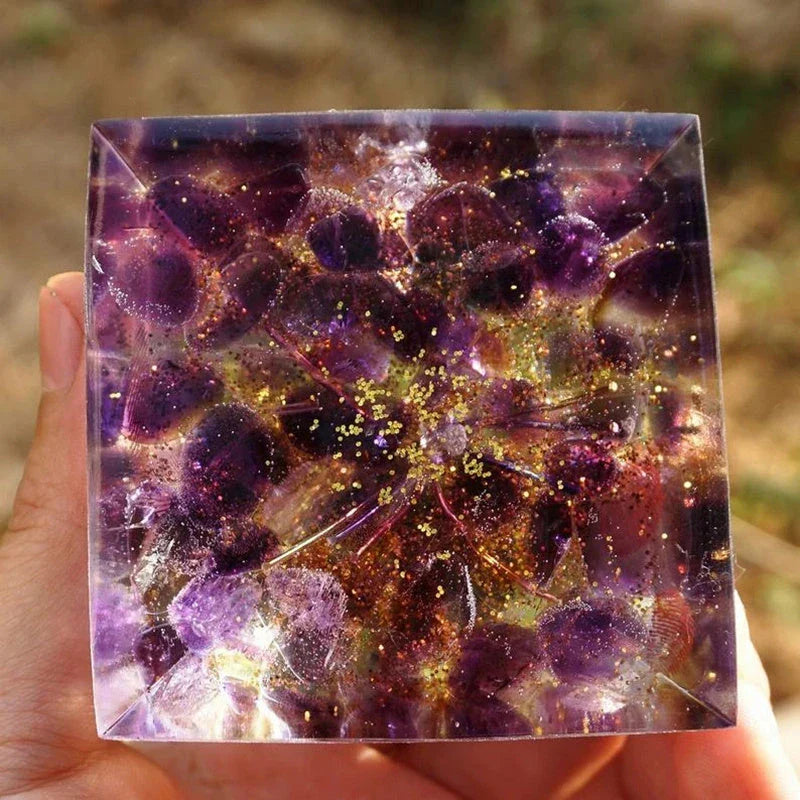 Premium Reiki Healing Crystal Pyramid - Handcrafted with Amethyst and Tiger's Eye, Infused with Orgone Technology for Radiation Protection and Chakra Alignment