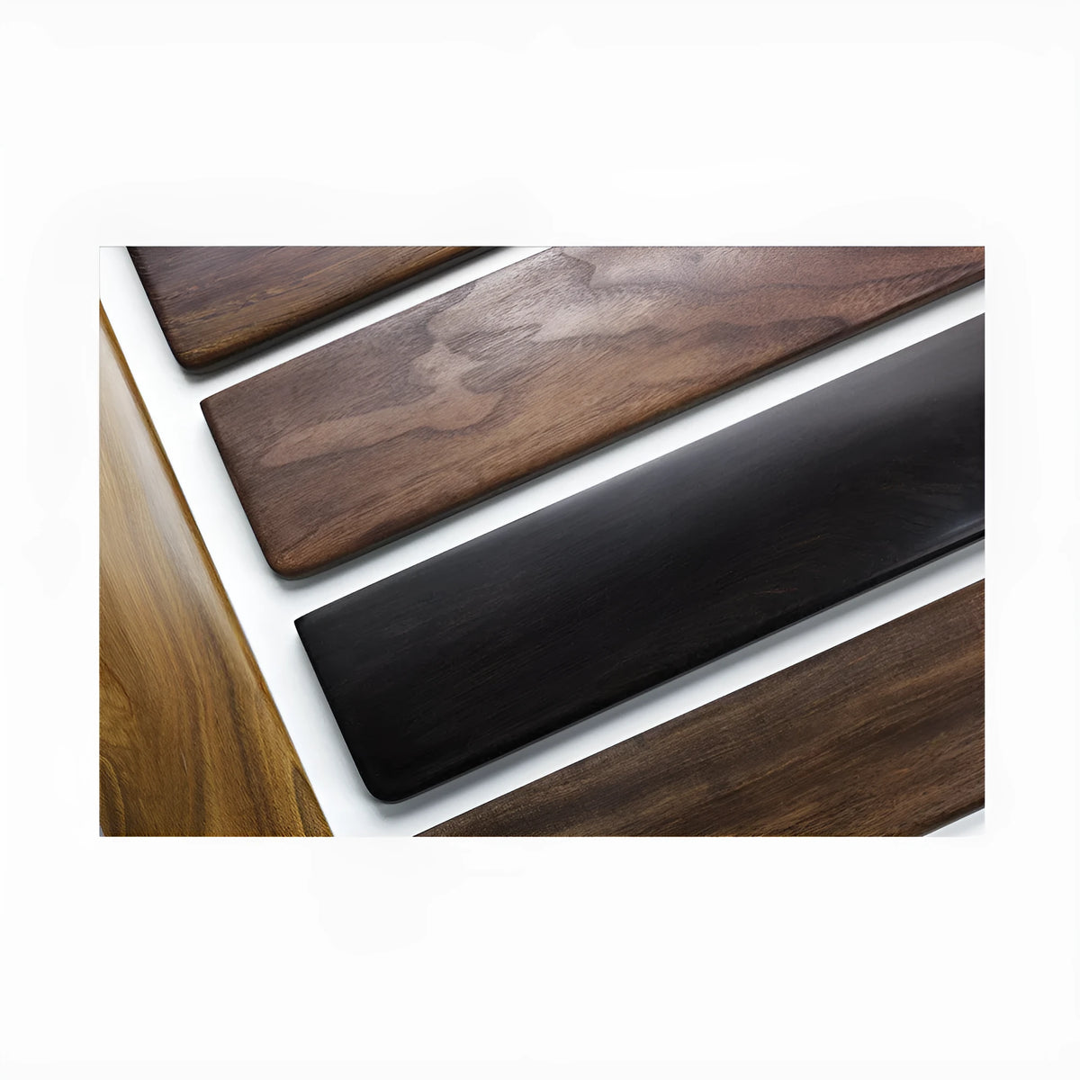Solid black walnut wood mechanical keyboard hand rest measuring 300mm long for 60% keyboards