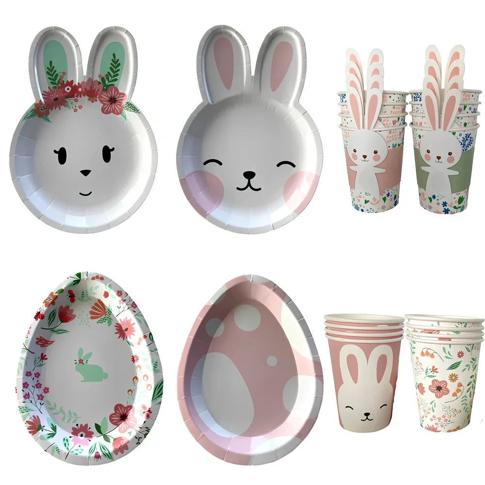 Easter paper plates with rabbit and egg shapes in pink and green, 19-25cm measurements
