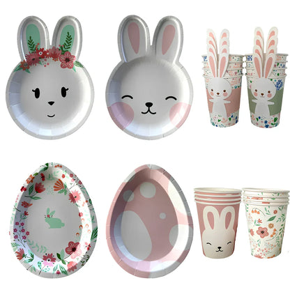 Easter paper plates with rabbit and egg shapes in pink and green, 19-25cm measurements