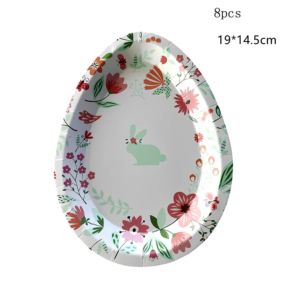 Easter paper plates with rabbit and egg shapes in pink and green, 19-25cm measurements
