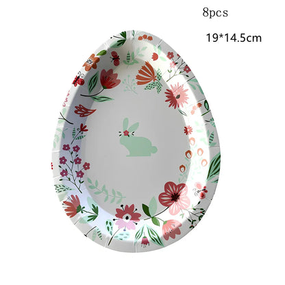 Easter paper plates with rabbit and egg shapes in pink and green, 19-25cm measurements