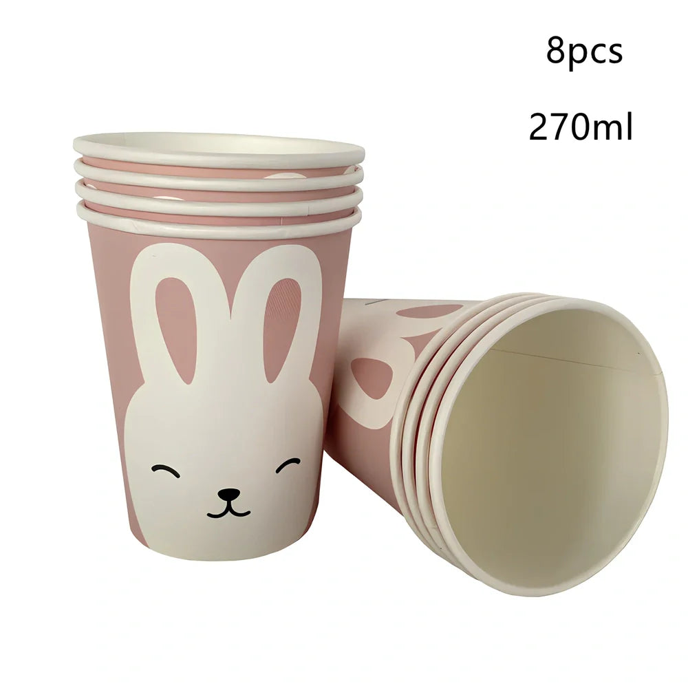 Easter paper plates with rabbit and egg shapes in pink and green, 19-25cm measurements