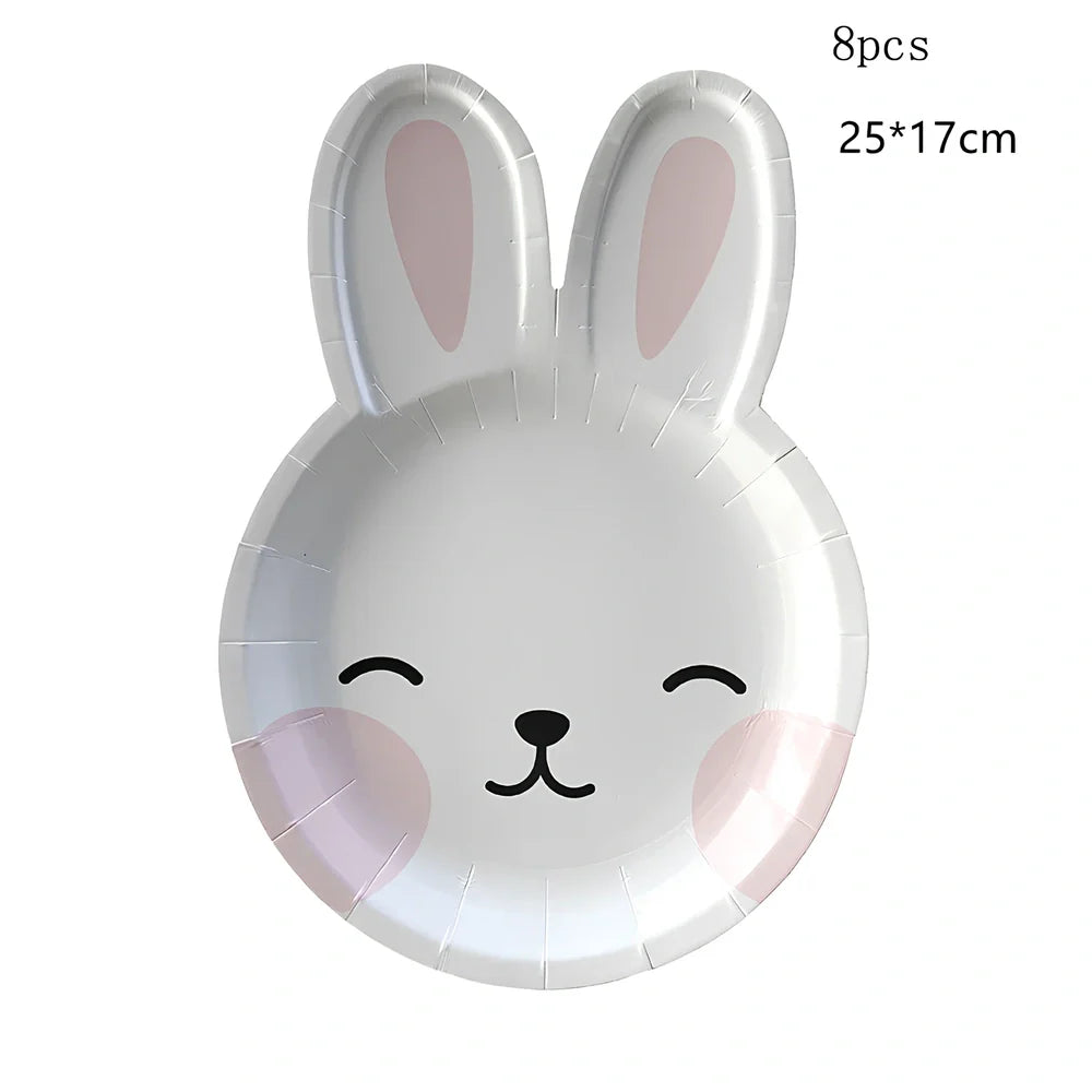 Easter paper plates with rabbit and egg shapes in pink and green, 19-25cm measurements