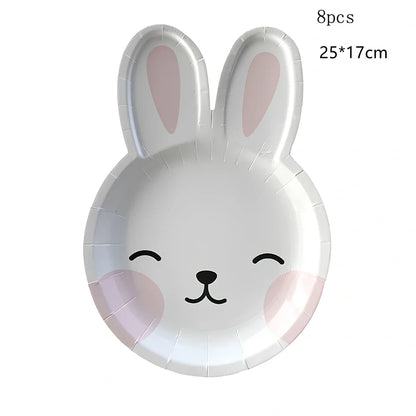 Easter paper plates with rabbit and egg shapes in pink and green, 19-25cm measurements