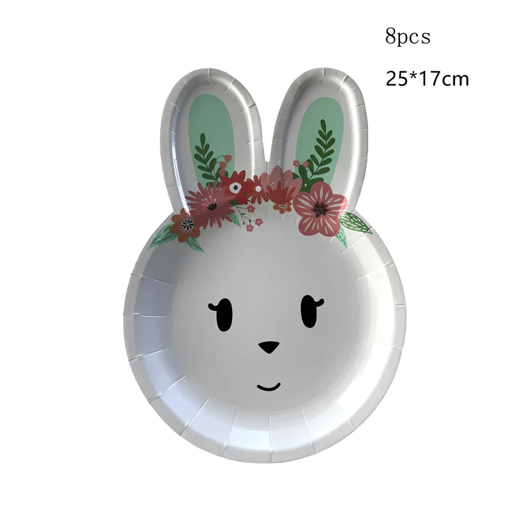 Easter paper plates with rabbit and egg shapes in pink and green, 19-25cm measurements