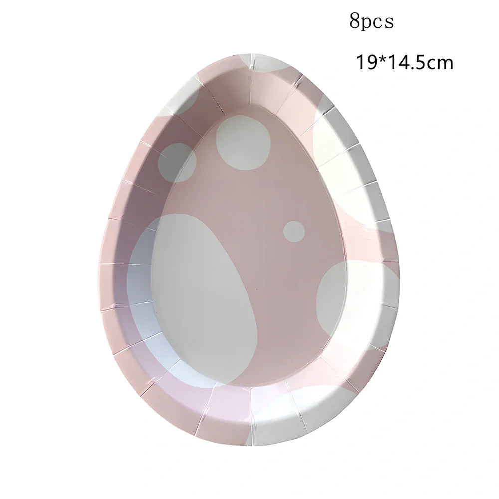 Easter paper plates with rabbit and egg shapes in pink and green, 19-25cm measurements