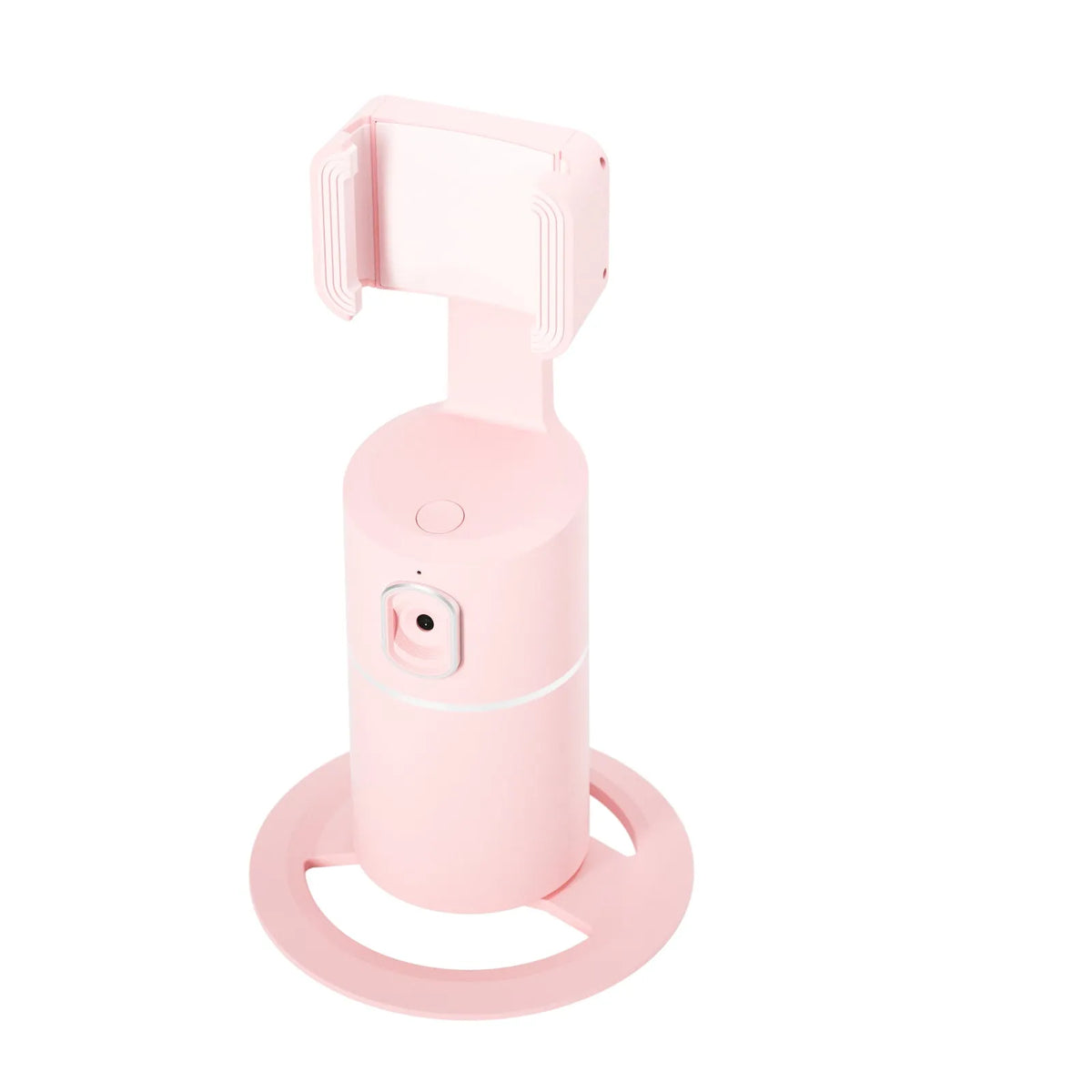 Black smartphone gimbal with clip-on design showing 360-degree rotation and face tracking for stable video recording