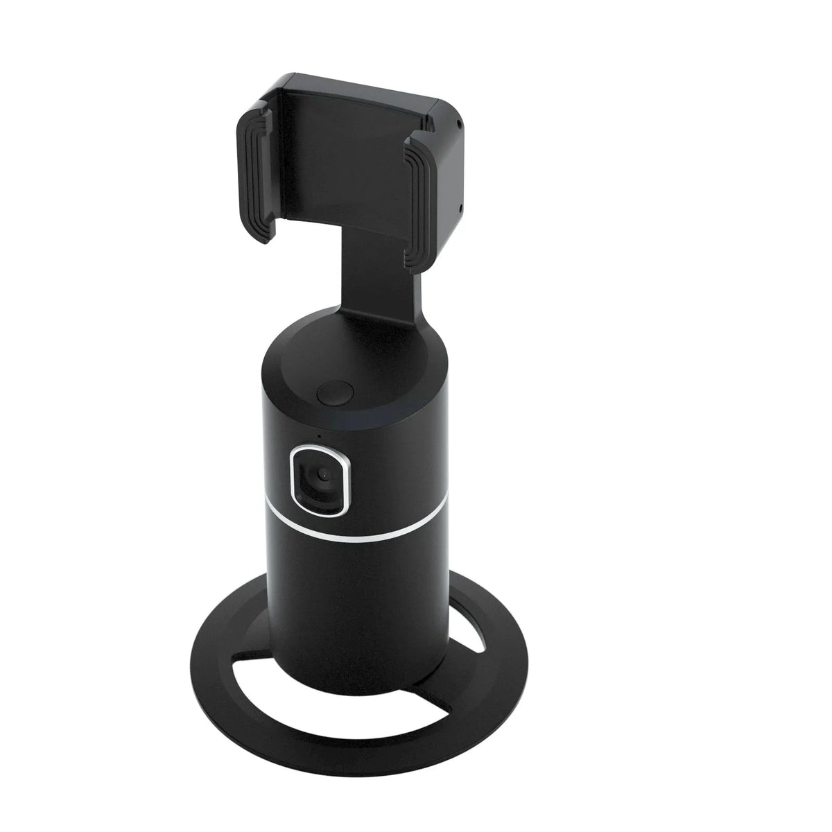 Black smartphone gimbal with clip-on design showing 360-degree rotation and face tracking for stable video recording