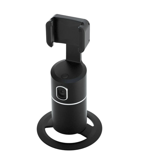 Black smartphone gimbal with clip-on design showing 360-degree rotation and face tracking for stable video recording