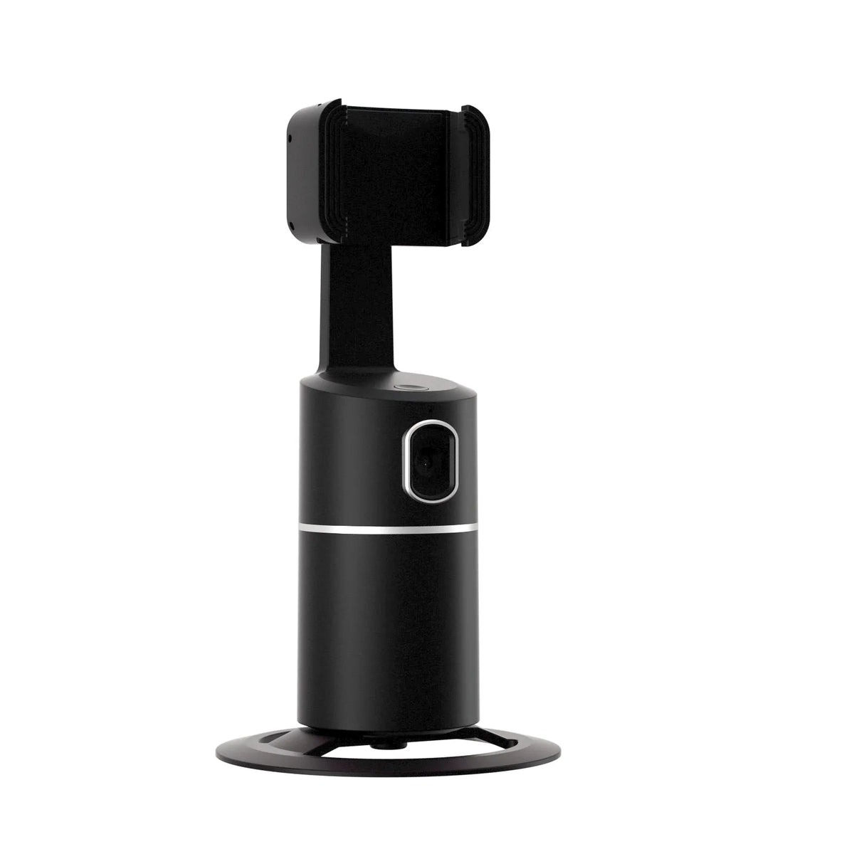 Black smartphone gimbal with clip-on design showing 360-degree rotation and face tracking for stable video recording