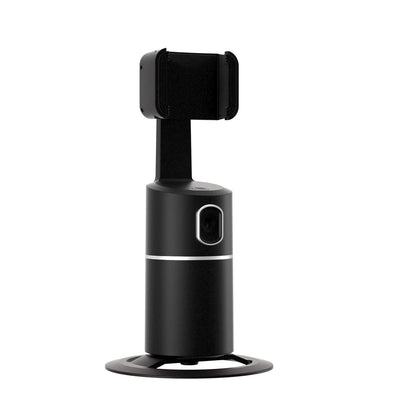 Black smartphone gimbal with clip-on design showing 360-degree rotation and face tracking for stable video recording