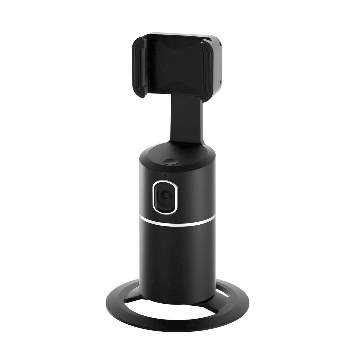 Black smartphone gimbal with clip-on design showing 360-degree rotation and face tracking for stable video recording