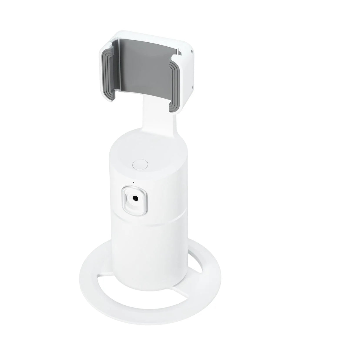 Black smartphone gimbal with clip-on design showing 360-degree rotation and face tracking for stable video recording