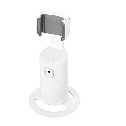 Black smartphone gimbal with clip-on design showing 360-degree rotation and face tracking for stable video recording