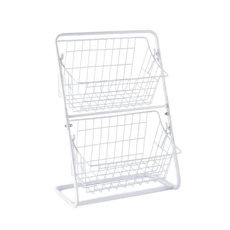 Stainless steel two-tier kitchen storage rack with hollowed design for air circulation around produce