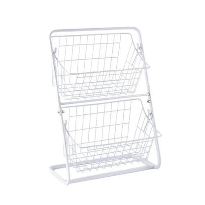 Stainless steel two-tier kitchen storage rack with hollowed design for air circulation around produce