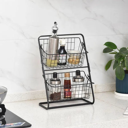 Stainless steel two-tier kitchen storage rack with hollowed design for air circulation around produce