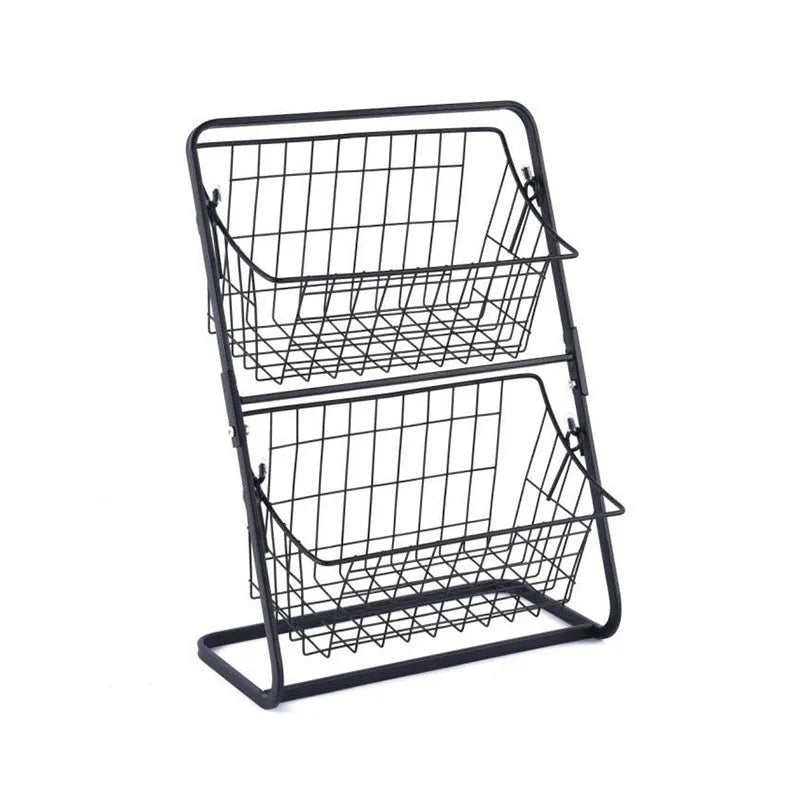 Stainless steel two-tier kitchen storage rack with hollowed design for air circulation around produce