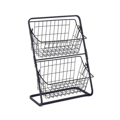 Stainless steel two-tier kitchen storage rack with hollowed design for air circulation around produce