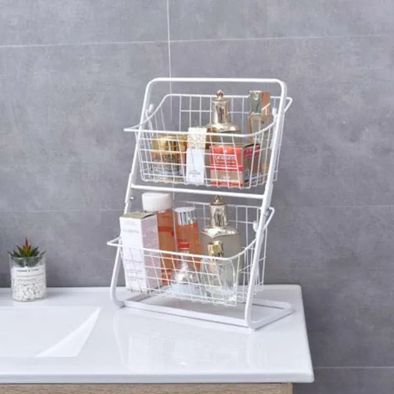 Stainless steel two-tier kitchen storage rack with hollowed design for air circulation around produce