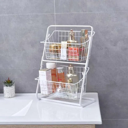 Stainless steel two-tier kitchen storage rack with hollowed design for air circulation around produce