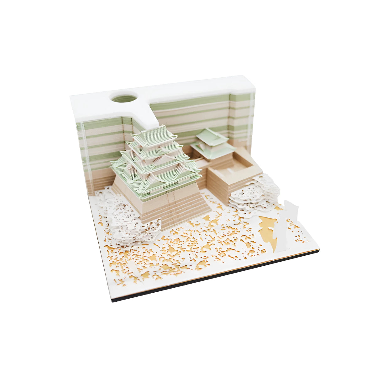 Three-dimensional paper architectural model of Spirited Away Tianshou Tower in gold, pink or white colours