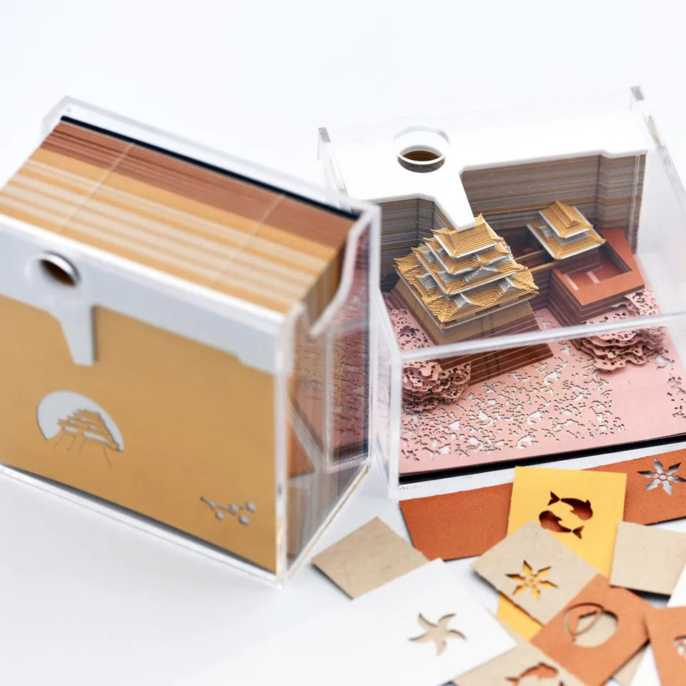 Three-dimensional paper architectural model of Spirited Away Tianshou Tower in gold, pink or white colours