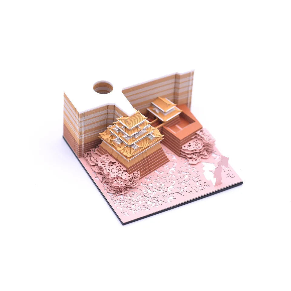 Three-dimensional paper architectural model of Spirited Away Tianshou Tower in gold, pink or white colours