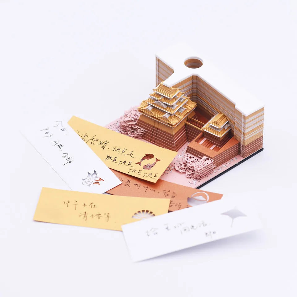 Three-dimensional paper architectural model of Spirited Away Tianshou Tower in gold, pink or white colours