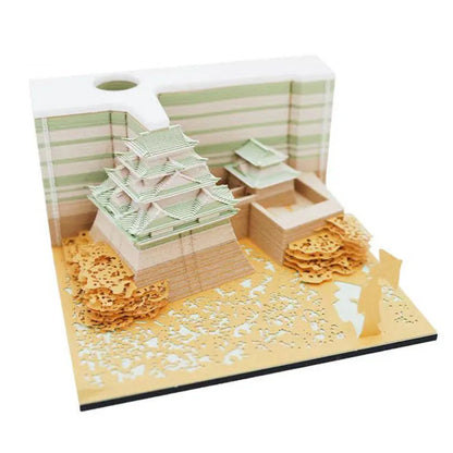 Three-dimensional paper architectural model of Spirited Away Tianshou Tower in gold, pink or white colours