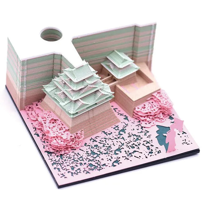 Three-dimensional paper architectural model of Spirited Away Tianshou Tower in gold, pink or white colours
