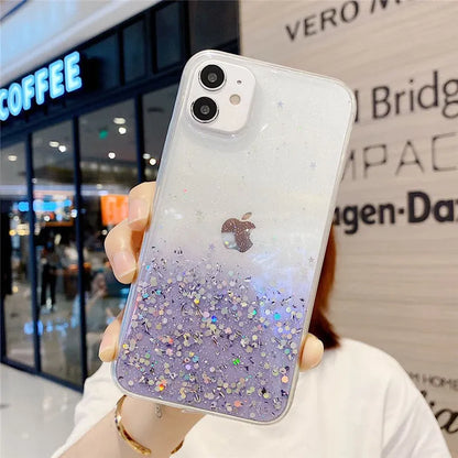 Transparent glitter epoxy iPhone case for iPhone 11 and 12 series showing embedded glitter paper design