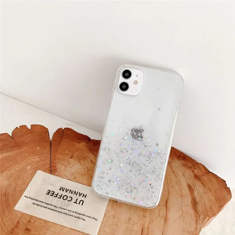 Transparent glitter epoxy iPhone case for iPhone 11 and 12 series showing embedded glitter paper design
