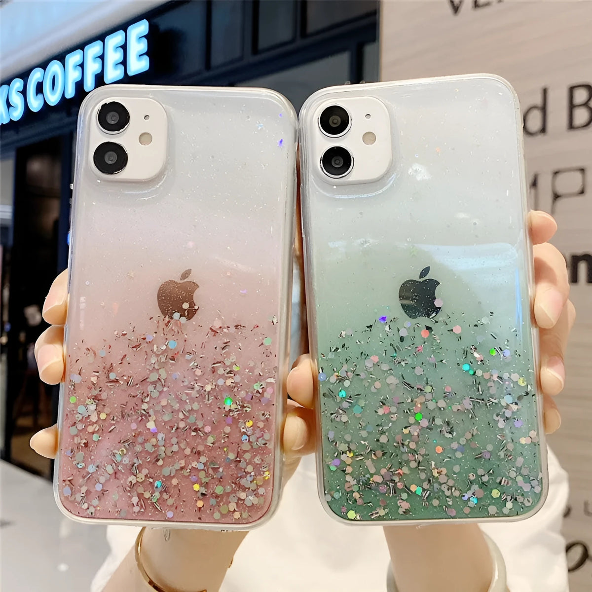 Transparent glitter epoxy iPhone case for iPhone 11 and 12 series showing embedded glitter paper design