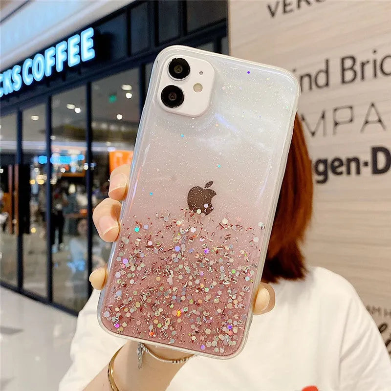 Transparent glitter epoxy iPhone case for iPhone 11 and 12 series showing embedded glitter paper design