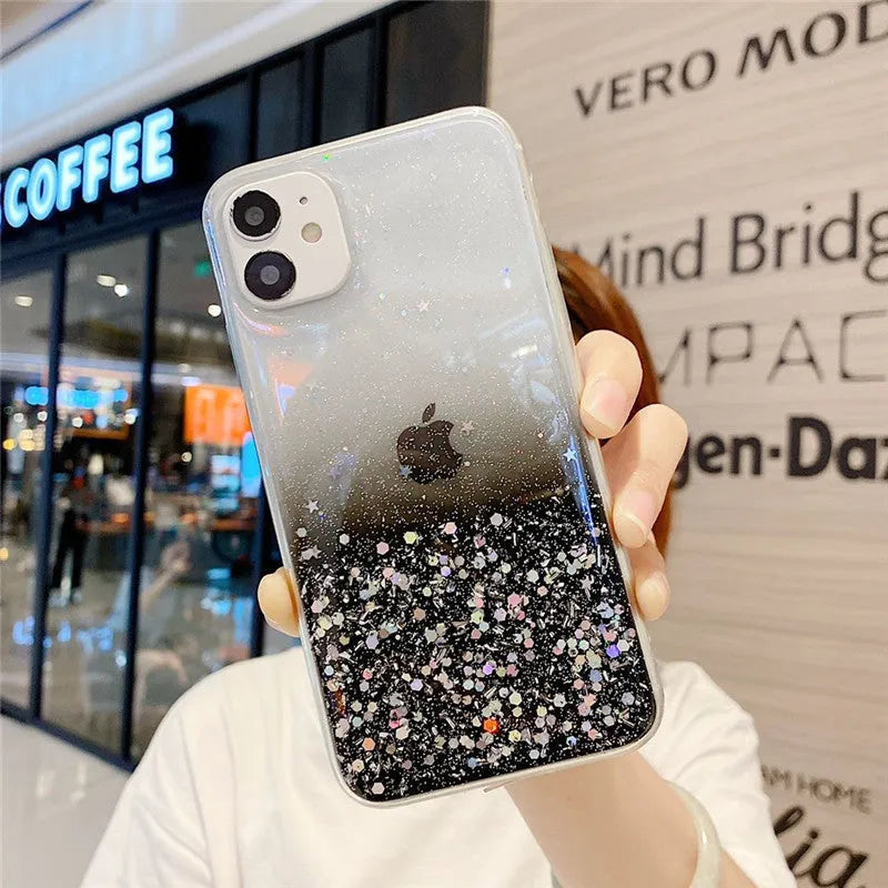 Transparent glitter epoxy iPhone case for iPhone 11 and 12 series showing embedded glitter paper design