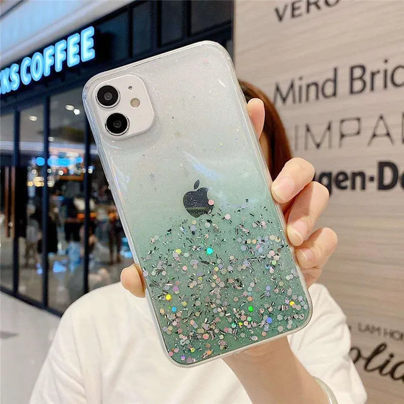 Transparent glitter epoxy iPhone case for iPhone 11 and 12 series showing embedded glitter paper design