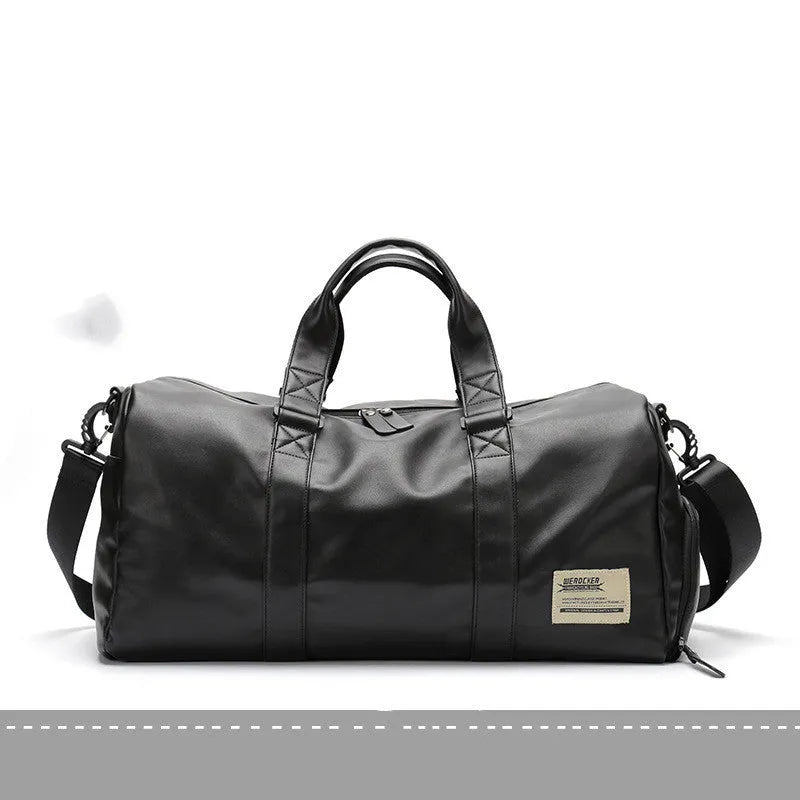 Large black waterproof PU leather sports duffel bag with multiple pockets, shown with a laptop and camera stored in its padded compartments.