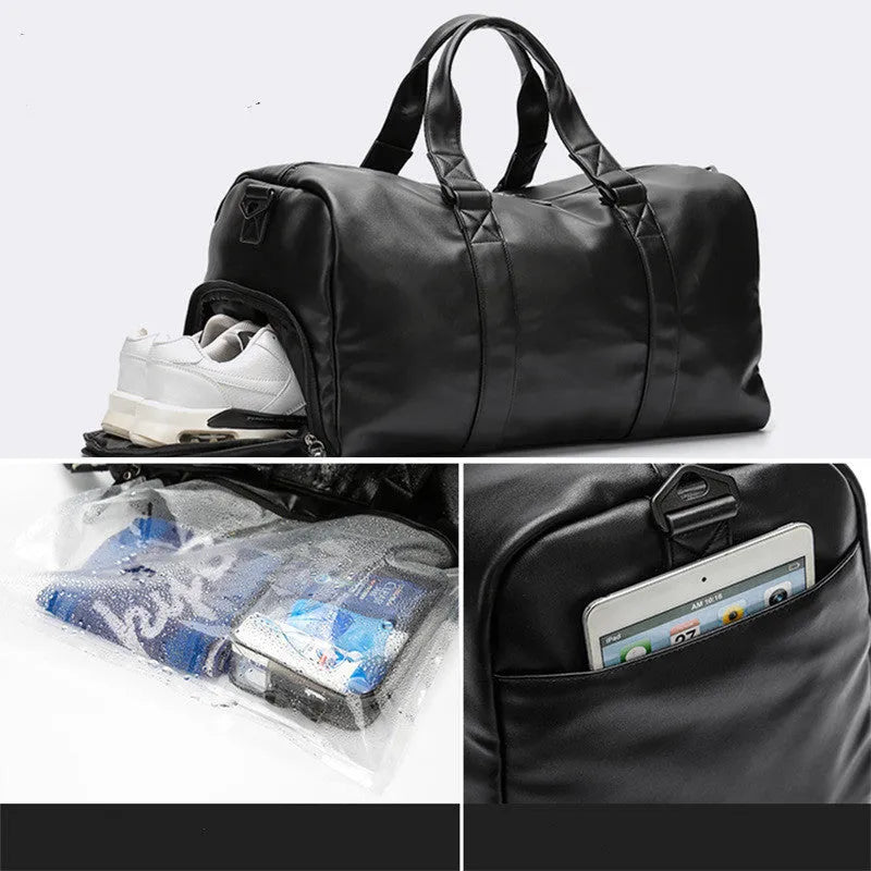Large black waterproof PU leather sports duffel bag with multiple pockets, shown with a laptop and camera stored in its padded compartments.