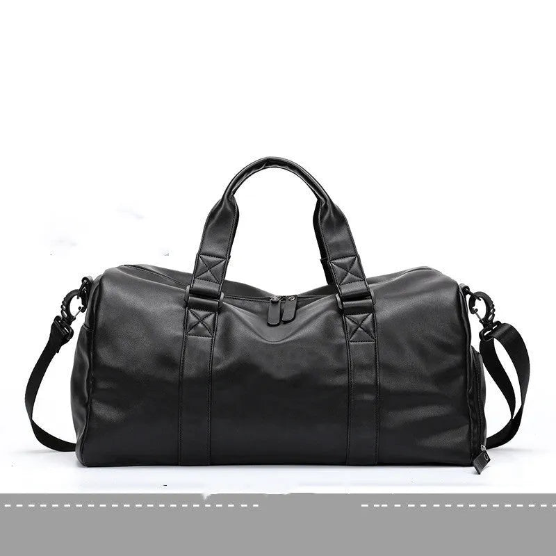 Large black waterproof PU leather sports duffel bag with multiple pockets, shown with a laptop and camera stored in its padded compartments.