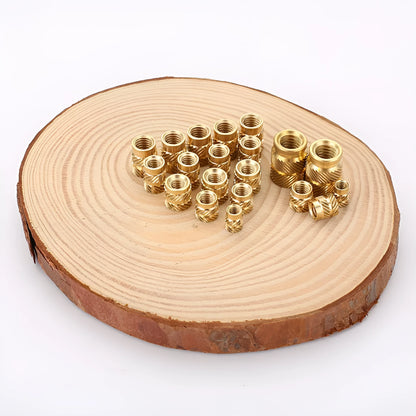 Brass hot melt copper nuts showing M2 and M3 thread sizes with measurement indicators