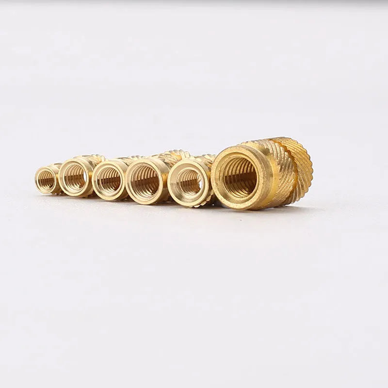 M2 and M3 brass hot melt copper nuts with outer diameter 3.8 and 4.0 mm, untreated surface, supplied in M2 x 4.0 mm and M3 x 4.2 mm variants with multiple length options, packed in plastic bags or cartons for secure storage and handling.