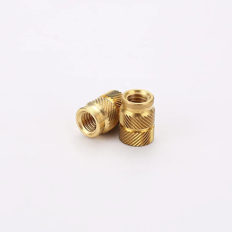 Brass hot melt copper nuts showing M2 and M3 thread sizes with measurement indicators