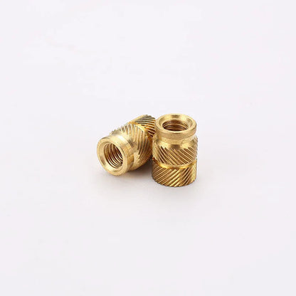 Brass hot melt copper nuts showing M2 and M3 thread sizes with measurement indicators